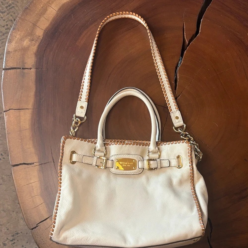 Michael Kors Hamilton Whipstitch Leather Satchel Cream Tan Gold Hardware